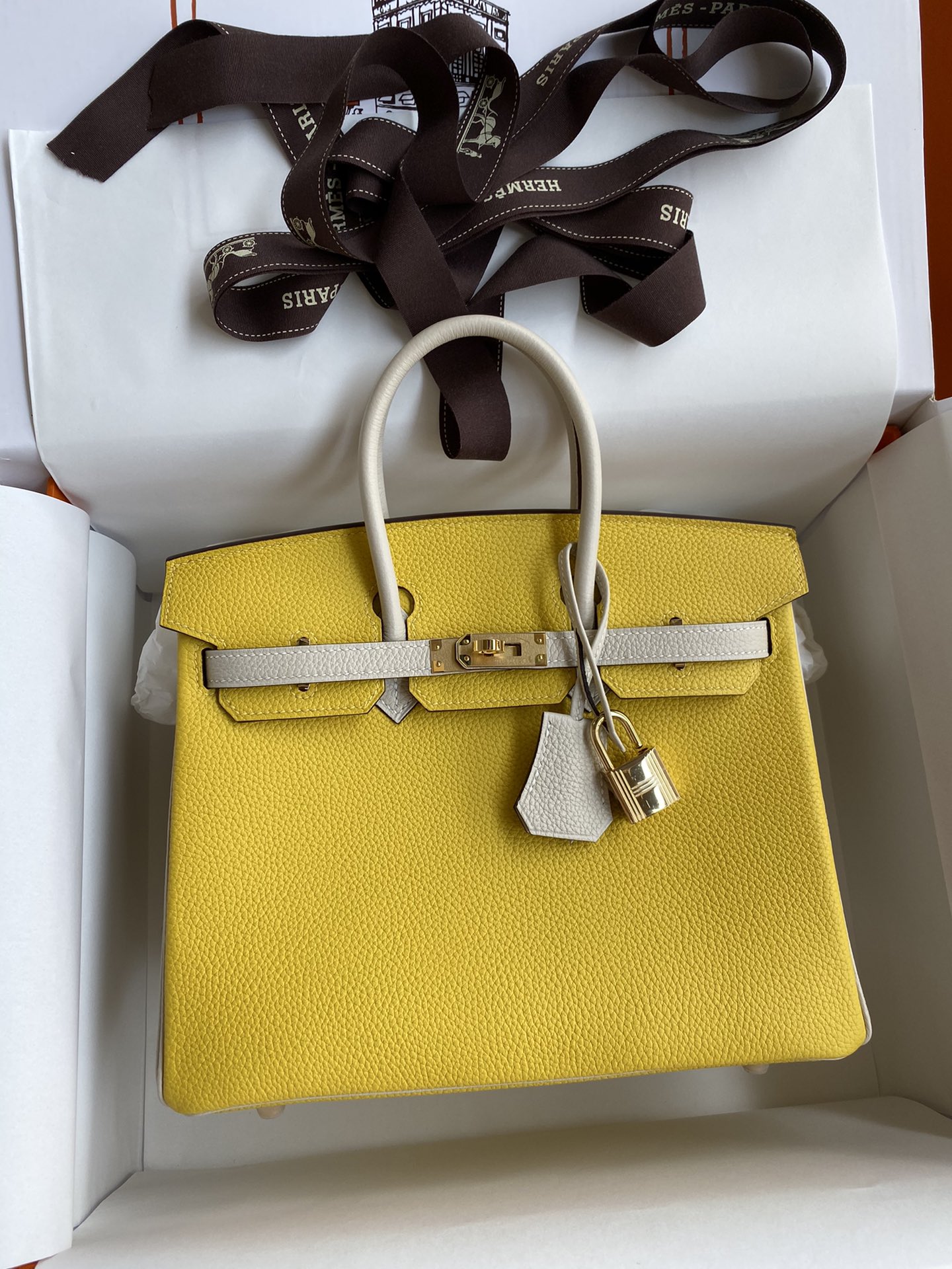 Hermes Birkin 25CM Togo Leather Handbag Yellow White